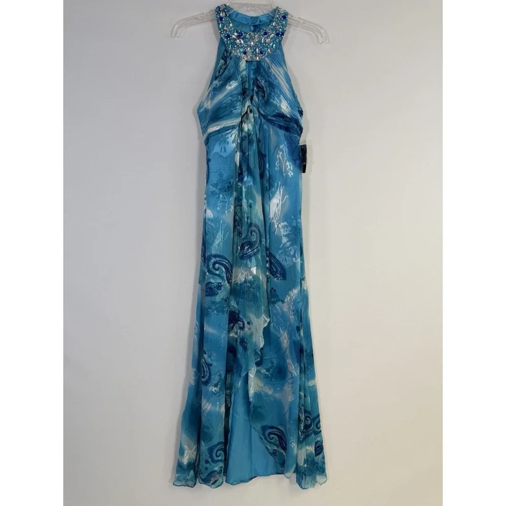 NWT VTG Y2K Cachet Blue Paisley Silk Gown Formal Dress Beaded Halter Boho Sz 8